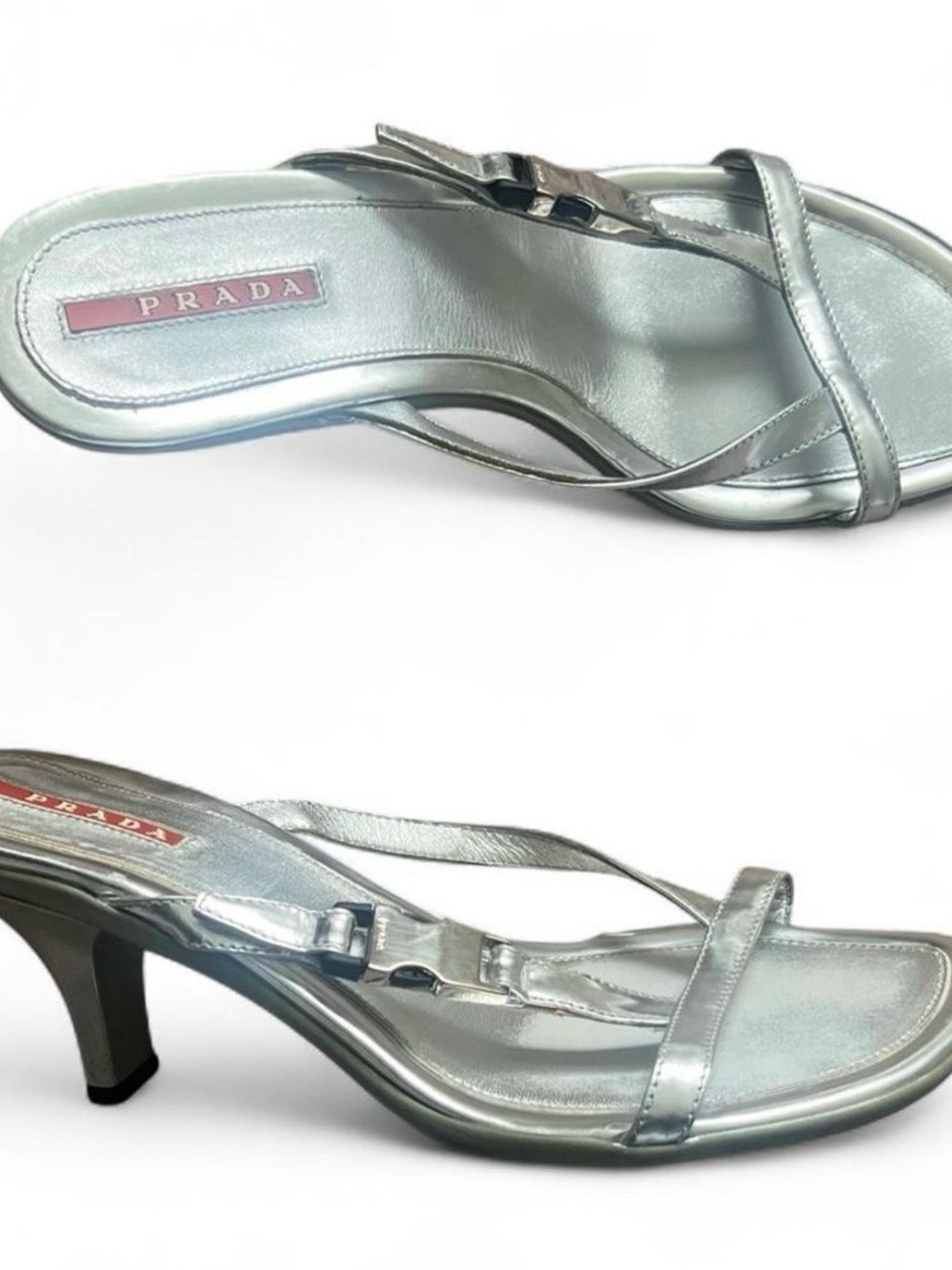 Prada Silver Chrome/Metallic Leather Sandals/Kitten Heels - Picture 3 of 8